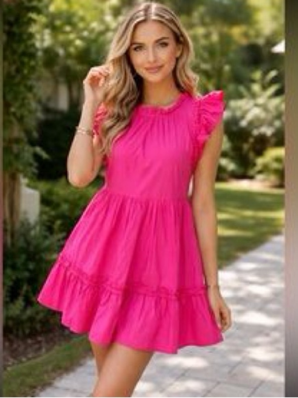 Caroline Constas Hot Pink Ruffle-Sleeve Mini Dress